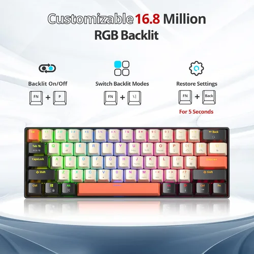 Vista 2 de Fogruaden Teclado mecánico con cable RGB 60%, teclado para juegos de 61 teclas 60% con interruptor rojo, teclado mecánico pequeño y compacto