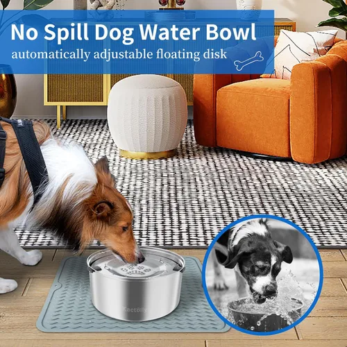 Vista 2 de Kactoily Tazón de agua para perros de gran capacidad de 3L en acero inoxidable y bandeja de comida para perros de silicona impermeable, tazón