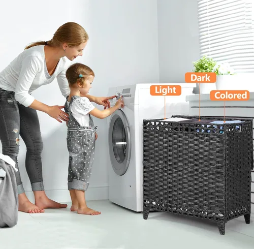 Vista 2 de Cesta para ropa sucia con 3 bolsas extraíbles; cesta de lavandería de ratán tejida a mano de 132 litros con tapa y pies elevados; cesta de ropa