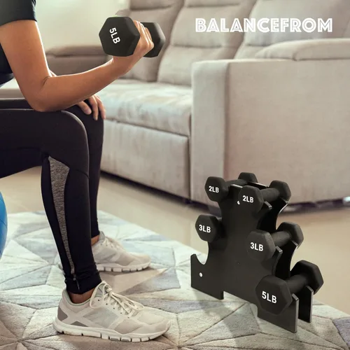 Vista 7 de BalanceFrom Neoprene Coated Iron Dumbbell Hex Weights Set with Stand – Color-Coded or Black Options with Non-Slip Grip for Strength Training