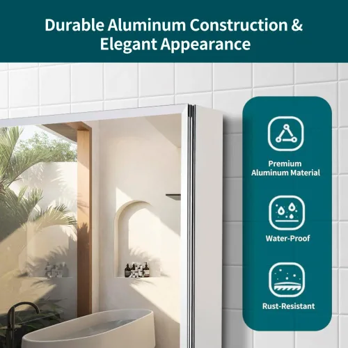 Vista 4 de Botiquín de doble puerta con espejo, 30 x 26 pulgadas, botiquín de aluminio para baño, estantes de vidrio ajustables, impermeable y resistente al