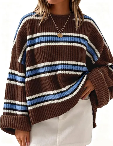 Vista 17 de ZESICA Suéter de manga larga con cuello redondo, bloque de color a rayas, holgado y cómodo, tejido de punto para mujer, otoño 2026 Rayas negras