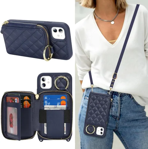 Vista 43 de Funda tipo cartera tipo bandolera para iPhone 11, de piel sintética, con cremallera, tipo cartera, con función atril, con ranuras para tarjetas