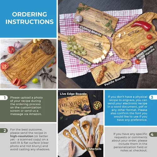 Vista 2 de Forest Decor Tabla de carne de madera de olivo con ranura para jugos, tabla de cortar recetas hecha a mano, tablero grabado de recetas