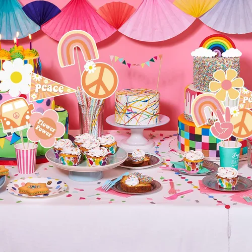 Vista 5 de A1diee 30 piezas de centros de mesa de fiesta estilo bohemio estilo hippie retro para mesas, arco iris, mariposa, margarita, flor, decoración