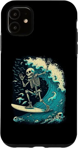 Vista 8 de Funda para iPhone 11 Pro con diseño de esqueleto de surf para colgar diez impresionantes calaveras onduladas