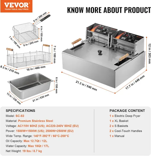 Vista 7 de VEVOR Freidora Comercial Profunda, Freidora Eléctrica para Pavo de 3000W con 3 Cestas Extraíbles, Gran Capacidad 18Qt / 17L Freidora Individual