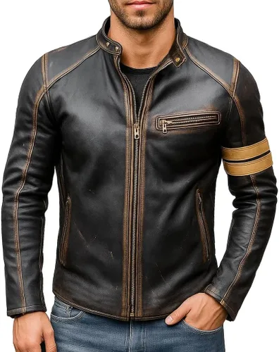 Vista 10 de Mens Premium Distressed Brown Padded Armored Cowhide Leather Cafe Racer Jacket – Vintage Protective Moto Jacket