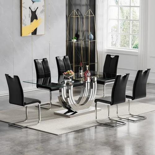 Vista 17 de Pvillez Juego de mesa de comedor de cristal dorado moderno de 70 pulgadas para 4, juego de mesa rectangular de 5 piezas con base de acero