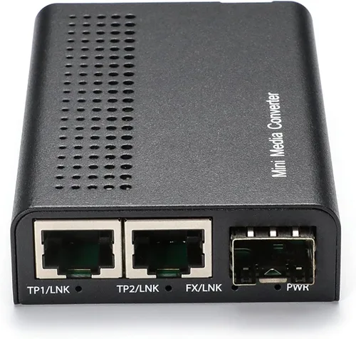QSFPTEK Mini no administrado 2X 10/100/1000Base-T RJ45 a 1000Base-X SFP, Gigabit Ethernet a fibra convertidor de medios, CA 100V ~ 240V o DC 5 ~ 12V