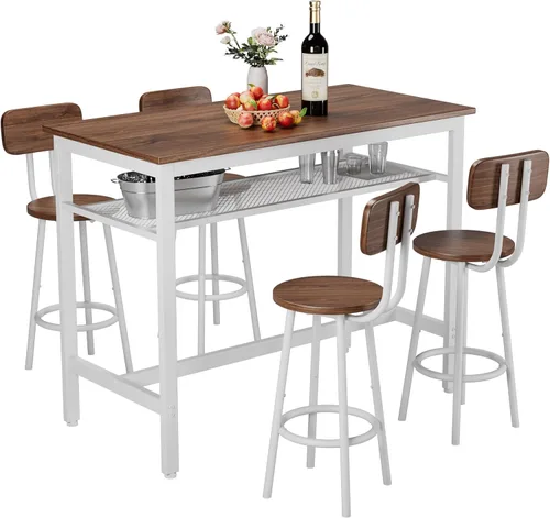 5 Bar Table Set, Kitchen Bar Table and Chairs Set of 4, Metal Counter Height Table with Stools for Dining Room, Living Room Breakfast Table