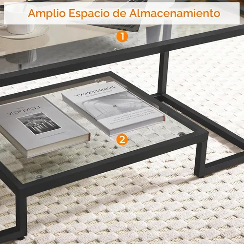 Vista 5 de Yaheetech Mesa auxiliar, mesa de centro de vidrio templado, mesas centrales simples modernas con diseño inspirado en geometría y marco de metal
