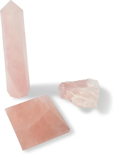 Vista 9 de Beverly Oaks Colección de 3 piezas de cristal de cuarzo transparente natural ~ Torre de obelisco, pirámide y trozo de cuarzo transparente crudo ~