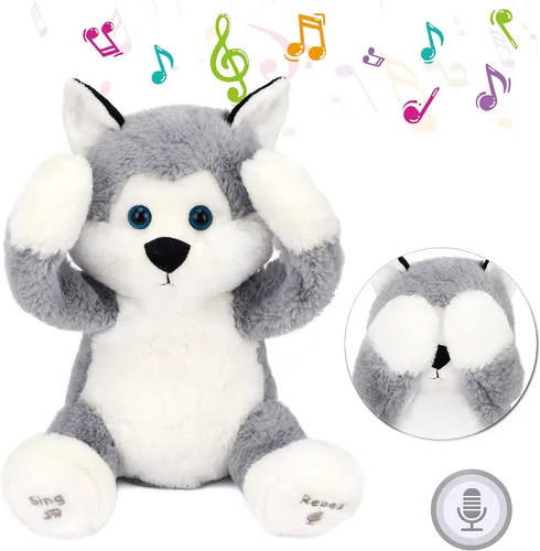 Hopearl Peek A Boo Husky Interactive Repeats What You Say - Juguete de peluche musical que canta y habla, adorable animal de peluche eléctrico