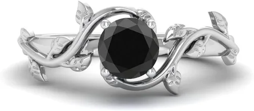 Foreverblings Anillo de plata de ley 925, ónix negro, hojas de vid, anillo redondo de ónix negro, anillo de promesa, anillo de compromiso, regalo