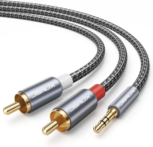 JSAUX 4 pies/1.2M Aux a RCA Adaptador de Auriculares Macho a Macho de Nylon Trenzado 1/8 a RCA Cable de Audio Y para Teléfonos, MP3, Tabletas Gris