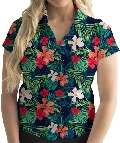 Vista 23 de YATTA GOLF Polo de golf prémium para mujer, ligero, de secado rápido, resistente a las arrugas y absorbe la humedad Aloha Sunrise
