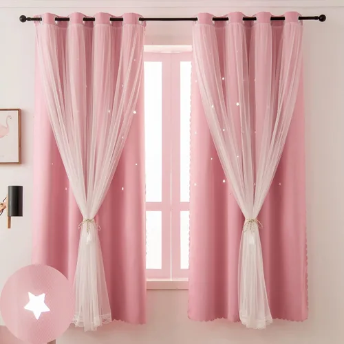 Vista 18 de Lindas cortinas opacas para dormitorio de niñas, diseño estético negro con doble capa con superposición transparente, 45 pulgadas de largo, 2