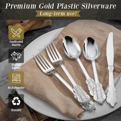 Vista 9 de WDF 360 cubiertos de plástico plateado, cubiertos desechables, cubiertos de plástico pesado, incluye 120 tenedores, 120 cucharas, 120 cuchillos