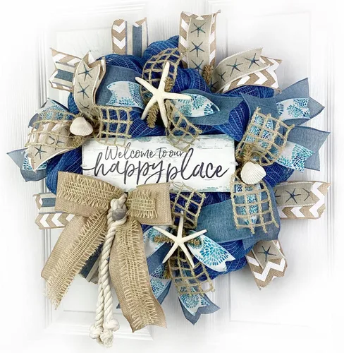 Vista 3 de Beautiful Blue Burlap Artisan “Welcome to our happy place” Beach, Coastal, Tropical Wreath with Nautical Rope, Starfish, and Sea Shells