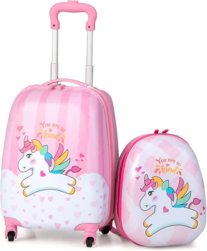 Vista 10 de GYMAX Juego de equipaje de mano para niños, maleta con ruedas de 12 y 16 pulgadas, 2 piezas Pony Corona