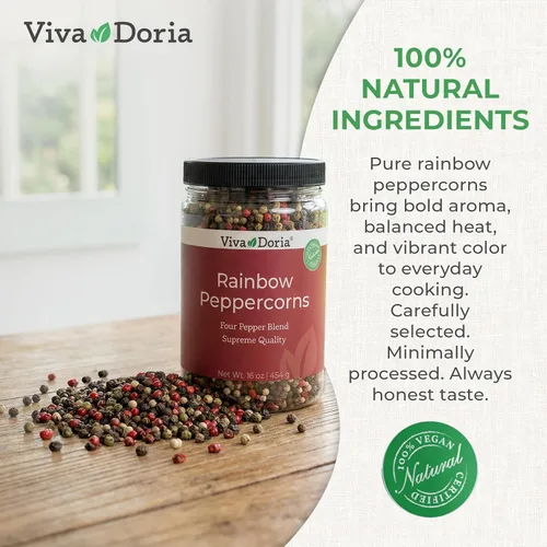 Vista 8 de Viva Doria Mezcla Arcoíris de Pimienta, Pimienta Negra/Verde Entera Esterilizada al Vapor, Pimienta Rosa/Blanca Entera, 16 Oz, Para Recambios