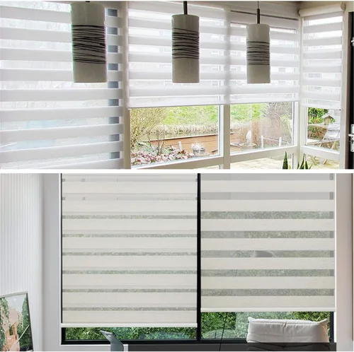 Vista 6 de HTTMT - Persianas enrollables cebra [69 pulgadas de ancho x 72 pulgadas de alto] blancas, inalámbricas, de doble capa, control de luz transparente