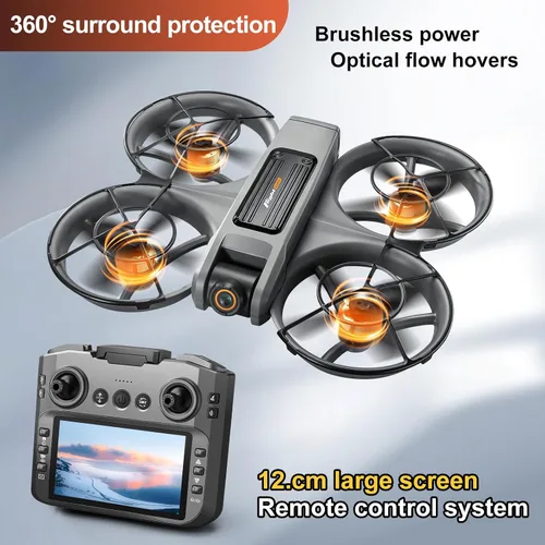 Vista 3 de OBEST Dron RC con pantalla en el controlador (15cm), dron con motor sin escobillas con cámaras duales (ajuste de ángulo eléctrico), posicionamiento
