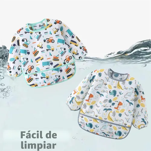 Vista 3 de Paquete de 5 baberos de manga larga, baberos impermeables para bebés de 6 a 30 meses, reutilizables, con bolsillo para todo