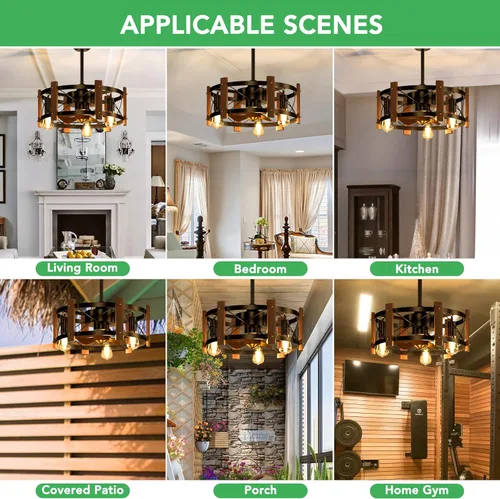 Vista 6 de 19 inch Wood Farmhouse Ceiling Fans with Lights, Rustic Fandeliers Ceiling Fan, Bladeless Caged Ceiling Fan with Light Flush Mount, E12 Bulb Vintage