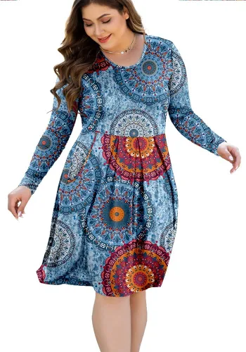 Vista 3 de Vestido para mujer tallas grandes, informal de manga larga, plisado con bolsillos