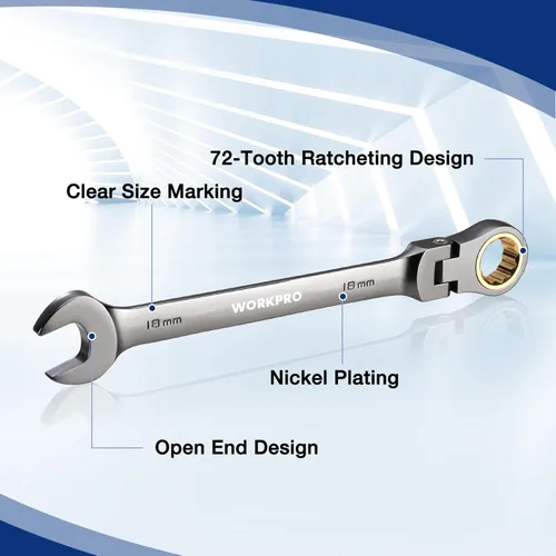 Vista 7 de WORKPRO - Juego de 22 llaves de trinquete de cabeza flexible, juegos de llaves combinadas de trinquete con caja organizadora, niquelado, 72 dientes