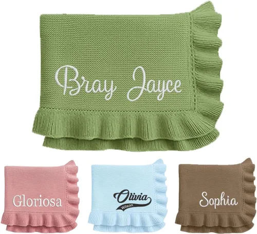 Vista 17 de Manta de punto personalizada y bordada de lujo con nombre de bebé, manta de algodón personalizada y monogramada para la guardería, regalos para bebé