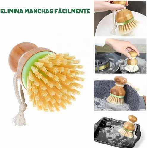 Vista 2 de Cepillo de bambú para platos, ollas, sartenes, fregadero de cocina, limpieza de sartén de hierro fundido, paquete de 2