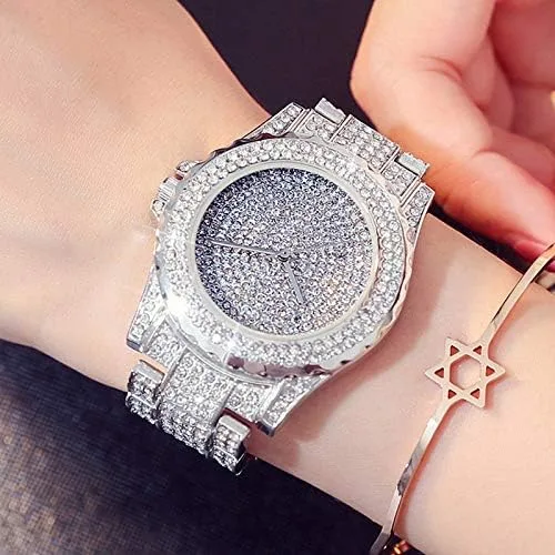 Vista 3 de Reloj de lujo para mujer, joyería de moda, diamantes de imitación de cristal, correa de acero, esfera redonda, reloj analógico, clásico de cuarzo