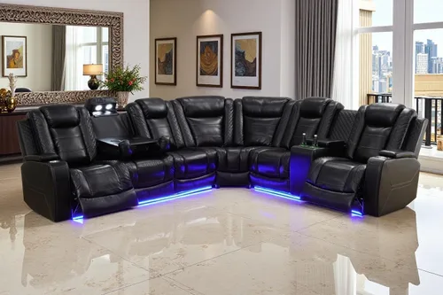 Vista 11 de A Ainehome Juego de sofá reclinable eléctrico, juego de sofá modular de cuero para sala de estar, cine en casa, con luces LED, soporte para tazas