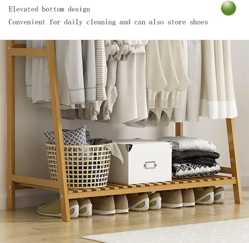 Vista 3 de Perchero independiente de madera maciza con 2 estantes, organizador de armario para dormitorio, ahorro de espacio (marrón, 19.7 in)