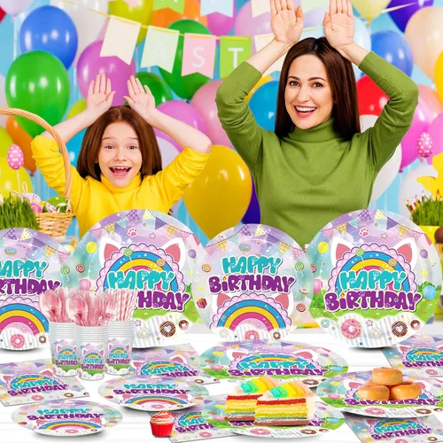 Vista 4 de 192 piezas de decoración de fiesta de cumpleaños para casa de muñecas, platos, servilletas, suministros de fiesta de casa de muñecas, vasos de papel