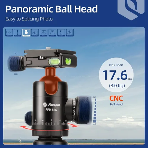 Vista 3 de Fotopro Trípode de cámara profesional con columna central giratoria de 360 grados y cabeza de bola, trípode monopié de aluminio de 61.65 pulgadas