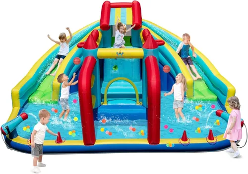 Vista 10 de BOUNTECH Tobogán acuático inflable, estilo dinosaurio, parque de toboganes dobles con casa de rebote, castillo de salto con 2 cañones de agua