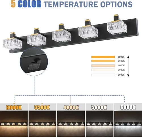 Vista 2 de SineRise Luces de tocador de baño sobre espejo, 5 luces regulables 5CCT, luces LED de tocador de cristal negro y dorado, aplique de pared