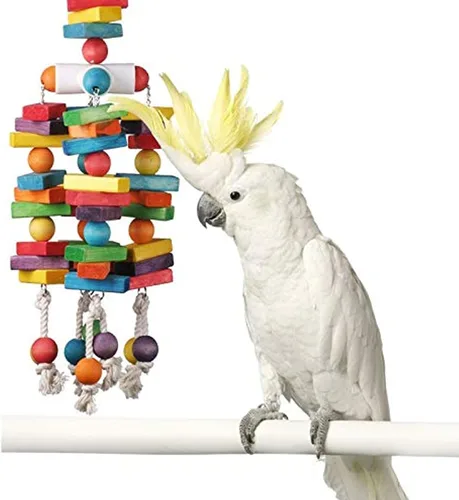 Super Bird Creations - Juguete para pájaros SB478 XL de 4 vías - Bloques de madera coloridos, campanilla y columpio para pájaros - Juguetes