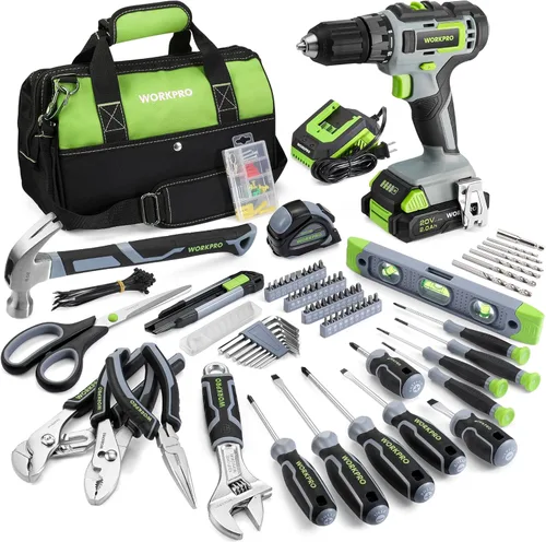 WORKPRO Juego de herramientas para el hogar con taladro atornillador inalámbrico de iones de litio de 20V, kit de herramientas de reparación para el