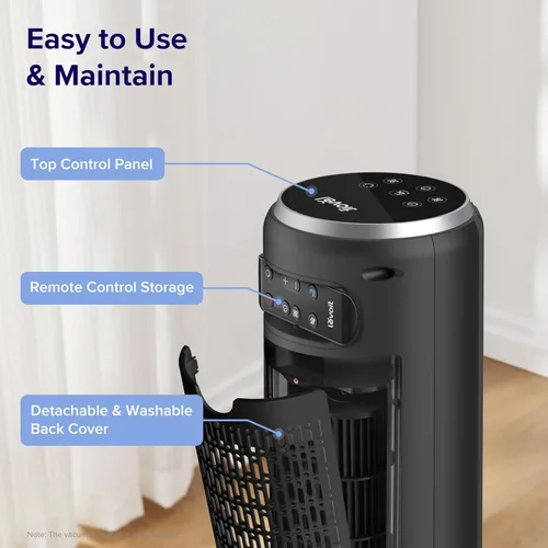 Vista 7 de LEVOIT Ventilador de torre clásico de 36 pulgadas para dormitorio, ventilador de pie de flujo de aire de 25 pies/s que sopla aire frío