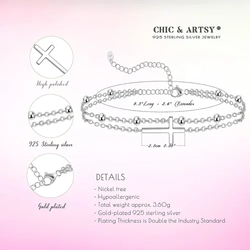 Vista 5 de CHIC & ARTSY Tobillera de plata de ley 925 para mujer, tobillera con capas de ópalo creado, cadena de cuentas, tobillera ajustable de 11 pulgadas
