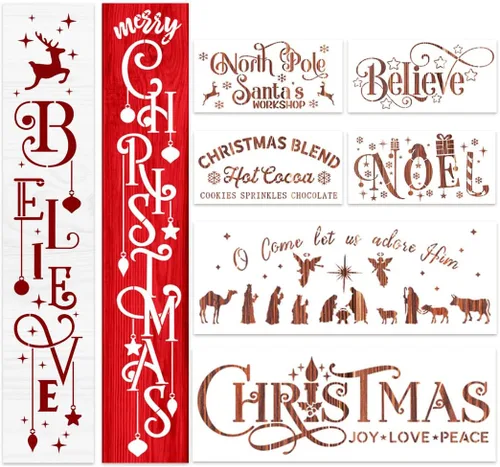 Plantillas navideñas para pintar en madera, porche, plantilla navideña grande Believe Xmas Holiday para felpudos, cristal de ventanas, telas,