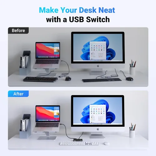 Vista 5 de UGREEN Selector de interruptor USB, 2 computadoras que comparten 4 dispositivos USB 2.0, concentrador de caja de conmutadores periféricos USB 2.0