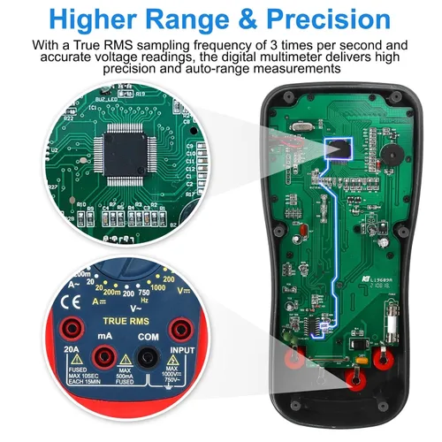 Vista 4 de Multímetro automotriz, True RMS CAT III 600V, probador de voltaje/corriente CA/CC, temperatura/frecuencia/ohmio/ciclo de trabajo, prueba de ángulo