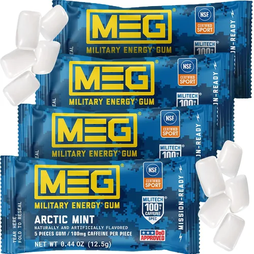 MEG - Goma de mascar energética militar - Arctic Mint | 100 mg de cafeína por pieza para rendimiento físico, impulso de energía para entrenamientos,