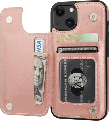 Vista 13 de ONETOP - Funda tipo cartera compatible con iPhone 13 con soporte para tarjetas, funda de piel sintética con ranuras para tarjetas, doble cierre Negro